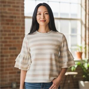 Anthropologie Maeve Tan Silver Striped Ruffle Bell Sleeve Top Small